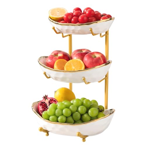 YYW 3 Tier Fruit Bowl for Kitchen Counter, White Gold Silver Ceramic Fruit Stand for Countertop, Home Fruit Rack with Metal Holder, Vegetable Snacks Nuts Bread Candy Storage (White (Gold Holder)) - color: White (Gold Holder)