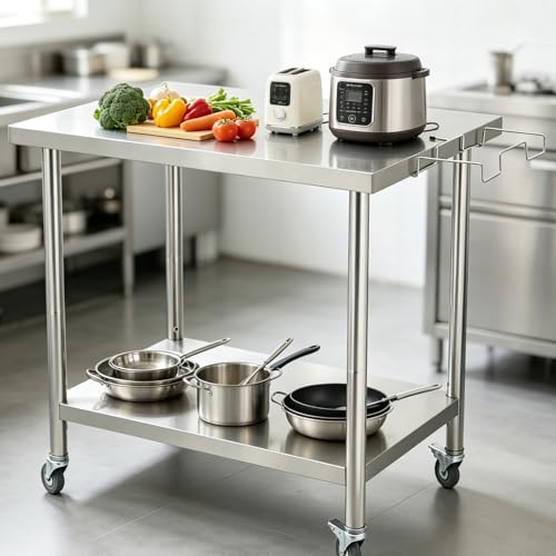 Garvee Stainless Steel Straight Edge Work Table 48 inch Double Layer with Casters & Garbage Shelf, Heavy Duty Commercial Prep Table, 0.7mm Thick - size: 48*24*35 inch - with casters + trash rack