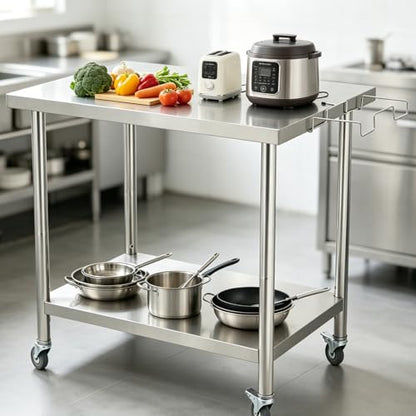 Garvee Stainless Steel Straight Edge Work Table 48 inch Double Layer with Casters & Garbage Shelf, Heavy Duty Commercial Prep Table, 0.7mm Thick - size: 48*24*35 inch - with casters + trash rack