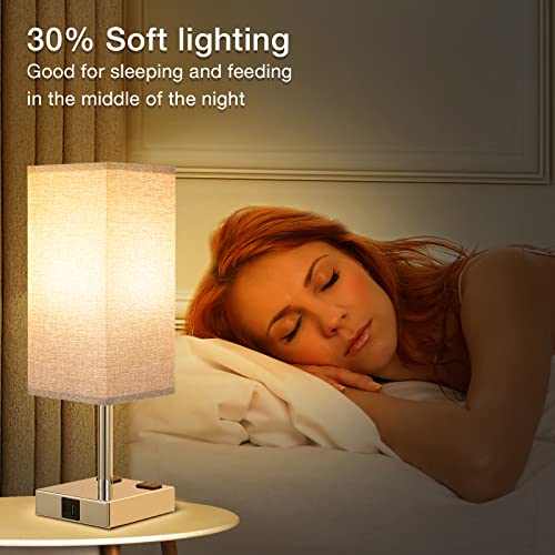 Light Grey Touch Lamps Set for Bedroom - Dimmable, USB C+A, 2 AC Outlets | 3-Way Dimming, 3000K LED Bulbs Included, Light Grey Lampshade Silver Base, Small Bedside Lamp for Nightstand, Desk, Dorm - color: Gray-Silver