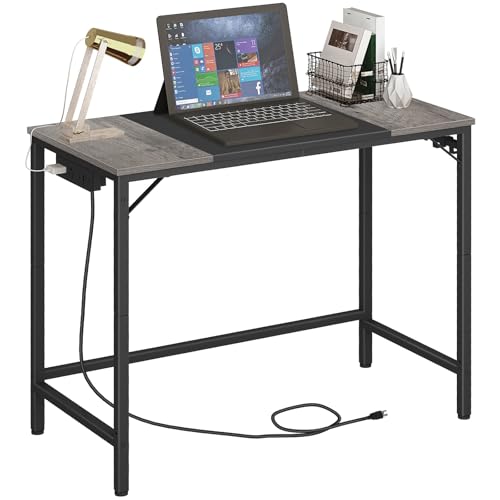 HOOBRO Computer Desk, 31.5 Inch Small Desk with Power Outlet, Writing Table with USB Charging Ports and 3 Hooks for Home Office, Bedroom, Easy to Assemble, Charcoal Gray and Black BC40UDN01 - color: Charcoal Gray + Black, size: 31.5"W x 15.7"D x 30.3"H