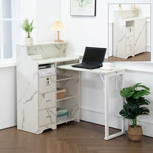 Fold Out Desk with Storage, Hidden Desk with Lockable Drawers & Shelves, Built-in Power Outlet,Folding Desk for Study and Home Office (Marble-Effect White) - color: Marble-effect White
