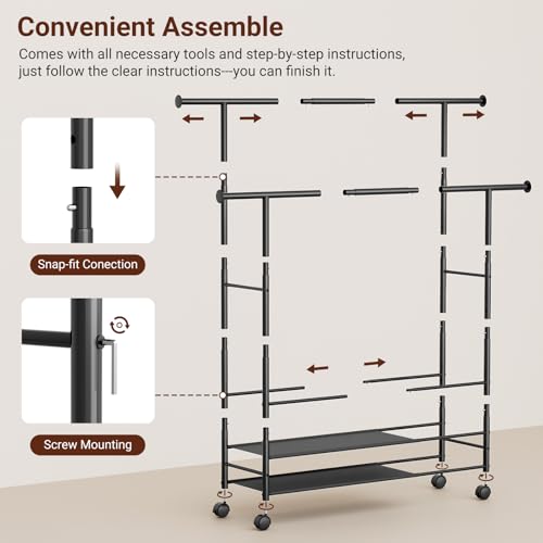 SLEEPING LAMB 44" Double Rods Clothes Rack for Hanging Clothes, Sturdy Wardrobe Clothing Rack with 3 Tier Shelves, Portable Rolling Garment Rack With Wheels for Bedroom, Laundry Living Room, Black