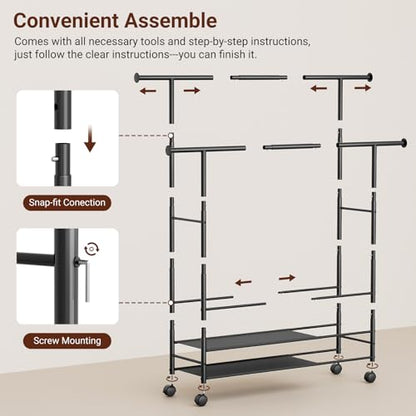 SLEEPING LAMB 44" Double Rods Clothes Rack for Hanging Clothes, Sturdy Wardrobe Clothing Rack with 3 Tier Shelves, Portable Rolling Garment Rack With Wheels for Bedroom, Laundry Living Room, Black