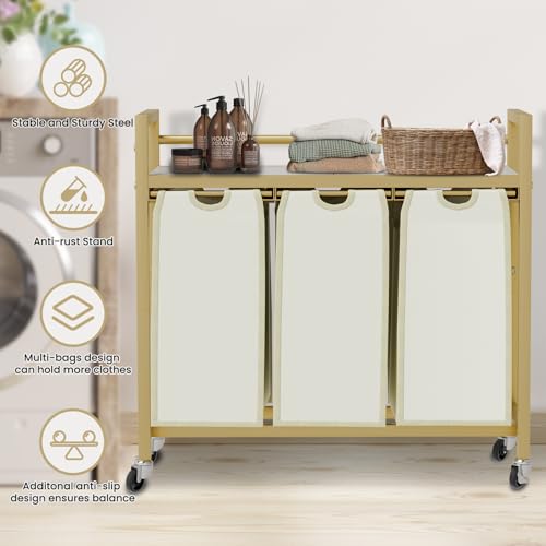SwaaVee Laundry Sorter, Laundry Hamper 3 Section, 3×11.4Gal, Metal Frame Rolling Laundry Basket with Wooden Top Shelf, Pull out and Removable Laundry Bags, 3 Bags-Golden - color: Gold
