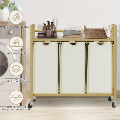 SwaaVee Laundry Sorter, Laundry Hamper 3 Section, 3×11.4Gal, Metal Frame Rolling Laundry Basket with Wooden Top Shelf, Pull out and Removable Laundry Bags, 3 Bags-Golden - color: Gold