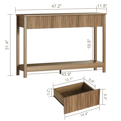 Treocho 47" Fluted Console Table with 3 Drawers and Storage Shelf | Narrow Long Entryway Table,Behind Couch Accent Tables, Entrance Foyer, Hallway, Living Room, Brown - color: Brown