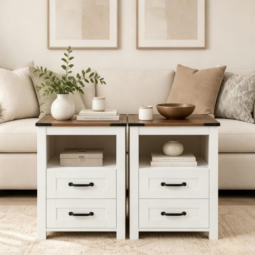 Farmhouse Nightstand Set of 2, Bedside Table with 2 Drawers Storage, Rustic Night Stand with Charging Station, End Table with Open Shelf for Bedroom, White - color: White, size: 2pcs with Charging