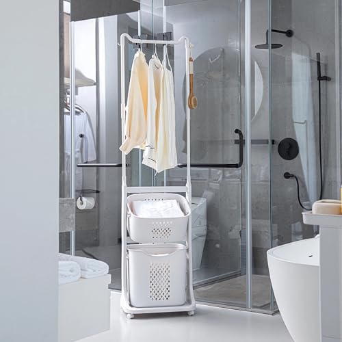 2-Tier Laundry Hamper Sorter with Hanging Bar, Rolling Laundry Baskets with Wheels Removable, Stackable Laundry Cart Organizer and Storage for Small Space Dorm Closet Bathroom - style: 2-Tier