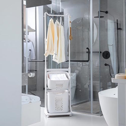 2-Tier Laundry Hamper Sorter with Hanging Bar, Rolling Laundry Baskets with Wheels Removable, Stackable Laundry Cart Organizer and Storage for Small Space Dorm Closet Bathroom - style: 2-Tier