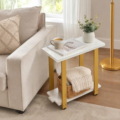 Transitional Narrow End Table, 2-Tier Rustic Side Table with Storage Shelves, Modern Farmhouse Industrial Nightstand for Living Room, Bedroom, Small Spaces, Couch, White/Gold - color: White+gold