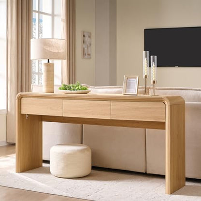 Aitjunz 63'' Console Table with 3 Drawers, Modern Entryway Table with Curved Profile Design, Narrow Long Wood Sofa Table Behind Couch Table for Living Room, Hallway, Foyer, Natural - color: Natural