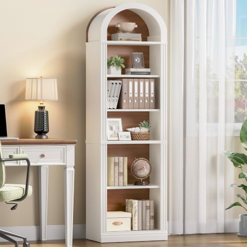 RALGEND Arched Bookshelf, 75.8" Tall Narrow Bookshelf, Arch Bookcase with Storage, 6-Tier Farmhouse Book Shelf, Wooden Arched Cabinet with Open Display Shelves, Adjustable Shelf, Walnut and White - color: White + Walnut, size: 18.9"L x 11.8"W x 75.8"H