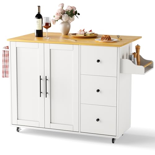 GRUSIGN Kitchen Island on Wheels with Storage-Multifunctional Kitchen Island Cart with Drop Leaf, Rolling Island with Spice/Towel Rack,Expandable Island Table Kitchen,39.37" Width,White