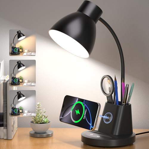 Desk Lamp for Home Office, 10W Wireless Charging, Eye-Caring LED Desk Light, CRI 95+ 3 Color Modes Stepless Dimming Pen Holder, 360° Flexible Arm Desk Lamps for College Dorm, Adapter Included