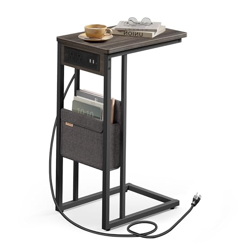 VASAGLE C-Shaped Side Table, End Table with Charging Station, 2 USB Ports and Outlets, C Table for Couch, Sofa, with Storage Bag, Adjustable Feet, for Bedroom, Living Room, Ash Brown ULET356K01 - color: Ash Brown