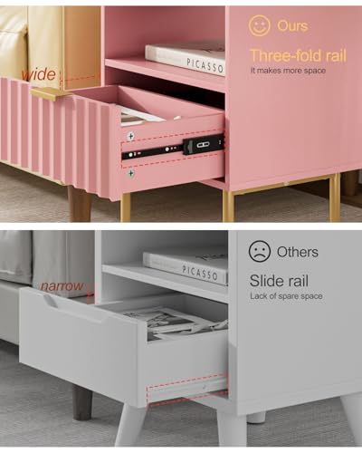 Night Stand,Modern Bedside Table with Drawer and Shelf,Pink Night Stand with Gold Frame,Small Side Table for Bedroom,Living Room - color: Pink