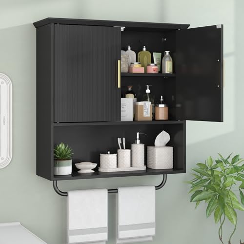 Wall Mounted Cabinet with Towel Bar & Shelves for Kitchen Bathroom | Black Space Saving Wood Bathroom Wall Cabinet 2 Doors for Laundry, Kitchen, Living Room - color: Black, size: 23.6" L