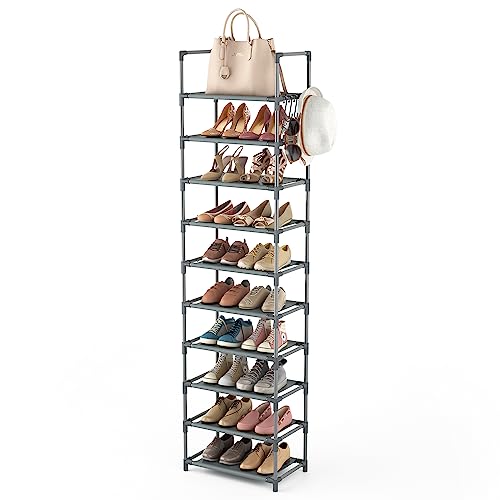LANTEFUL 10 Tiers Tall Shoe Rack 20-25 Pairs Boots Organizer Storage Sturdy Narrow Shoe Shelf for Entryway, Closets with Hooks, Grey - color: Grey, size: 10 Tier-68" High-17" Wide
