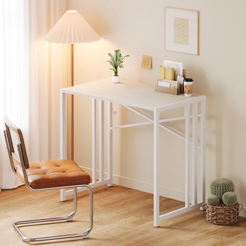 Lutown-Teen 35 inch Small Folding Desk, Writing Gaming Computer Camping Desk for Small Spaces, No Assembly Required Home Office Table, Natural and White - color: Natural and White, size: 35 Inch
