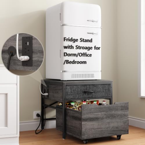 MAJALiS Mini Fridge Riser Stand Table Cabinet Shelf with Storage Space | Beverage Station To Go Over Small Refrigerator With Power Outlet, Metal Minifridge Organizer For Dorm, Office, College - color: Grey-with Power Outlet