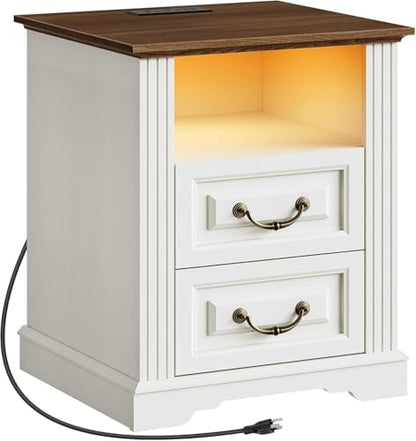 RALGEND Farmhouse Nightstand with Charging Station, Night Stand with 2 Drawers, End Tables Living Room, LED Bed Side Table with Open Shelf, End Table for Bedroom, Living Room, White and Walnut - color: White and Walnut