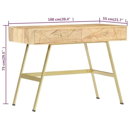 39.4" Industrial Solid Mango Wood Writing Desk with 2 Drawers, Computer Desk for Home Office Small Spaces, Rustic Study Table Natural Brass Steel Frame - color: Solid Mango Wood