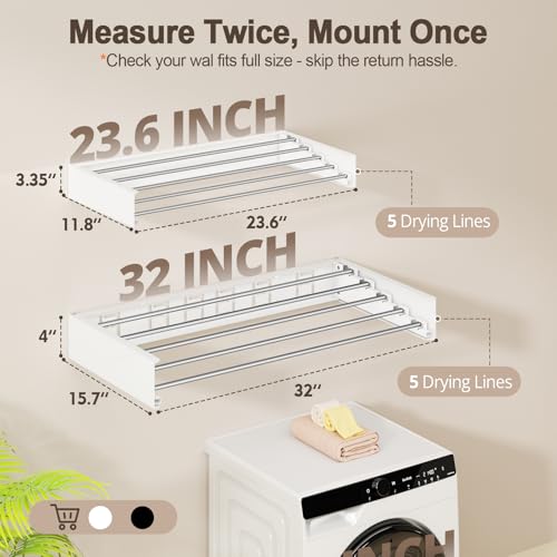 Wall Mounted Clothes Drying Rack Folding Indoor, Foldable Laundry Drying Rack Collapsible, Space Saving, Retractable Towel Drying Rack, with Wall Template(5 Drying Rods, White 23.6") - color: White, size: White-23.6"