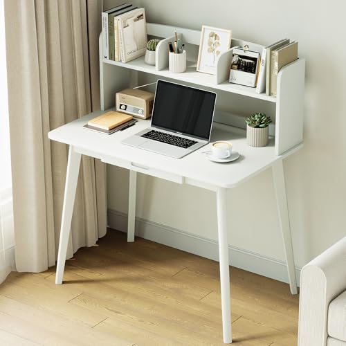 IOTXY Small Writing Desk with Hutch - 39.4" Work Computer Study Table with Drawer for Home and Office, White - color: White, size: 39.4-Inch