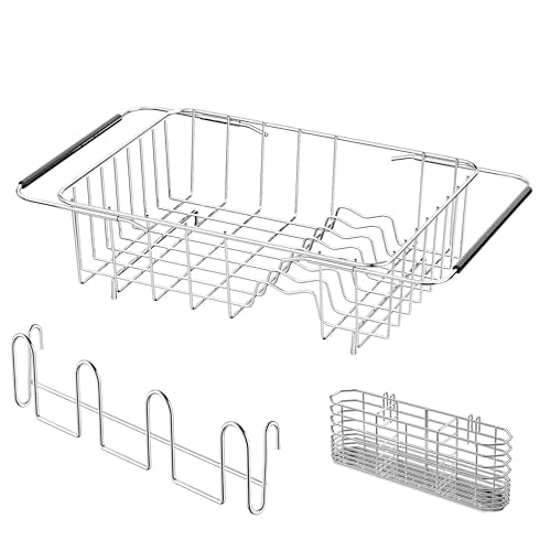NiuYichee Stainless Steel Dish Drying Rack(15" L X 11" W X 4.1" H), Expandable Drain Rack Over Sink, Dish Drainer Rack in Sink, with Stainless Steel Utensil Holder & 4 Hooks Cup Hanger - size: Large【15 X 11"】
