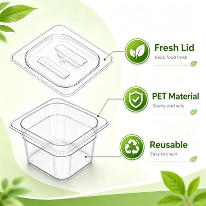 Bekith 6 Pack 1/6 Size Plastic Clear Food Pans with Lids for Kitchen Restaurant Food Prep, 4 Inches Deep