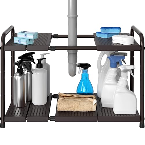 Simple Houseware Under Sink 2-Tier Heavy Duty Expandable Rack Organizer, Adjustable Width 15.75–25 Inches with 4 Shelf Height Levels, Bronze - color: Bronze