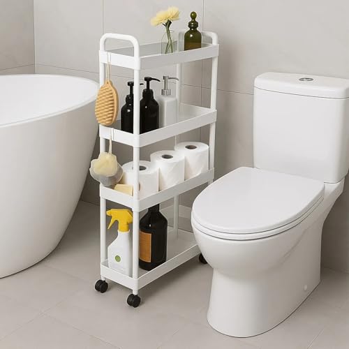 ShellKingdom 4 Tier Bathroom Storage Organizer, Slim Rolling Storage Cart | Storage Shelf for Narrow Space with Handle, Mobile Shelving Unit for Bathroom, Kitchen, Laundry (White) - color: White