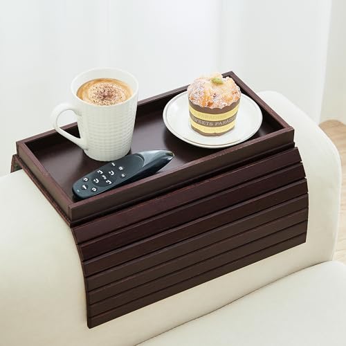 GEHE Bamboo Sofa Arm Tray, Foldable Couch Arm Tray Side Table, Anti-Falling Armrest Tables Cup Holder for Snacks, Drinks, Beers, Phone, Control, Flexible and Portable, Anti-Slip - color: Mahogany