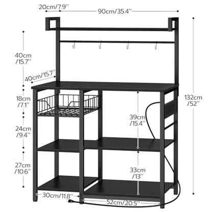 HOOBRO Bakers Rack with Power Outlet, 35.4 Inches Coffee Bar with Mesh Basket, Microwave Stand with 4 S-Shaped Hooks, Kitchen Bakers Rack with Storage, Easy to Assemble, Black BB05HB01 - color: Black