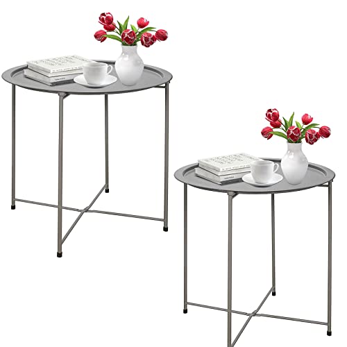 Garden 4 you Folding Tray Metal Side Table 2PC Grey Round End Table Cyan Sofa Small Accent Fold-able Table, Round End Table Tray, Next to Sofa Table, Snack Table for Living Room and Bed Room - color: Grey