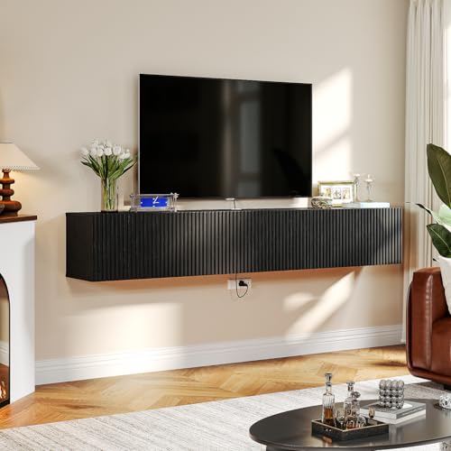 Floating TV Stand with 3 Doors,63IN Wall Mounted TV Cabinet,Slatted Floating Media Console Entertainment Center with Storage,Under TV Shelf for Bedroom Living Room,Black - color: Black, size: 63IN