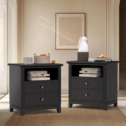 24" Wide Farmhouse Nightstand with Charging Station, Solid Wood End Table with 2 Large Drawers & Open Shelf, Bedside Table with USB Ports and Outlets, Side End Table for Bedroom - color: Black