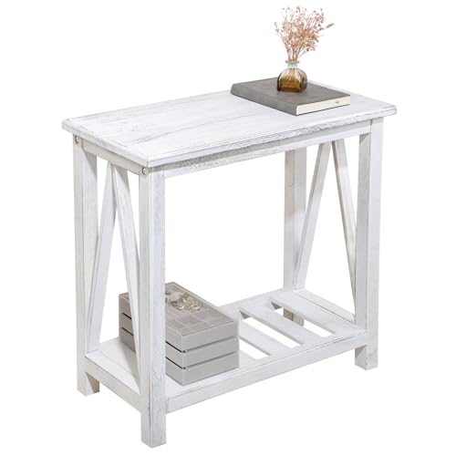 Farmhouse Narrow End Table Wooden Rustic White Side Tables with Storage Shelves Narrow Sofa Table for Small Spaces Living Room Bedroom Bathroom Dorm - color: Rustic White