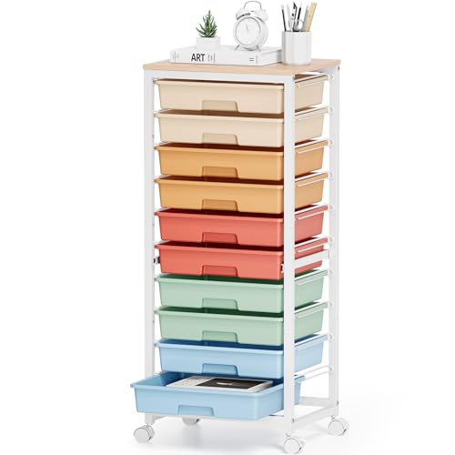 SYKIARIOL Rolling Cart with Drawers,10 Drawer Rolling Cart,Storage Cart with Wheels,Utility Cart with Drawers,Teacher Cart for Classroom Storage,Craft Cart with Wheels and Wooden Tabletop,Rainbow - color: rainbow