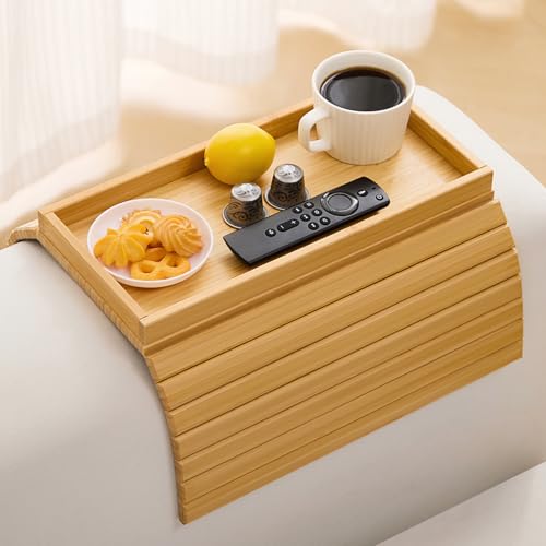 Bamboo Couch Arm Tray Table，Foldable Sofa Armrest Tray Table for Couch，Flexible and Anti-Slip Couch Arm Cup Holder，Portable Sofa Arm Chair Table for Drink,Cups, Eats，Snacks, Phone, Remote - color: Bamboo