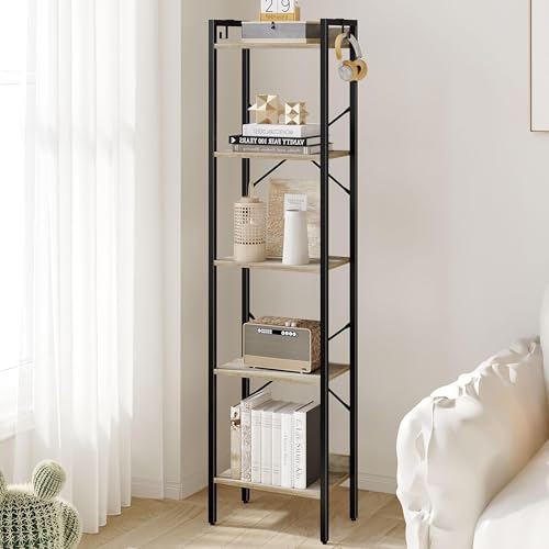 Hzuaneri Bookshelf, Book Shelf, Industrial Bookcase with 2 Hooks, Coner Shelf Storage Organizer for Home Office, Living Room, Bedroom, Kitchen, 5-Tier Greige BC10505B - color: Greige, size: 9.4"D x 15.7"W x 63"H