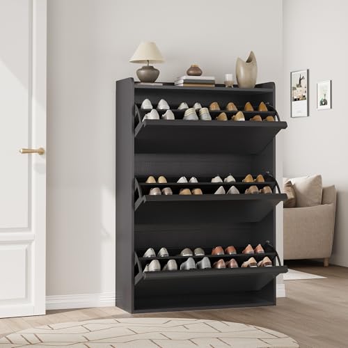 Garvee Shoe Cabinet with 3 Flip Drawers, Hidden Wood Shoe Cabinet,Freestanding Shoe Storage Cabinet with Adjustable Shelf for Entryway Hallwa, Living Room, Living Room, Black - color: Black
