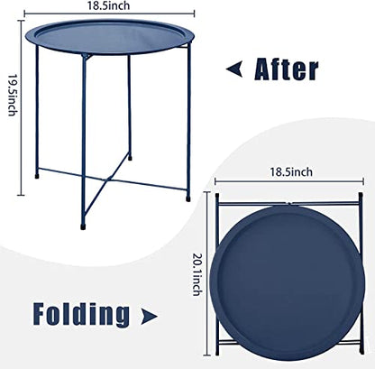 Garden 4 you End Table 2 PCS Metal Side Table Dark Blue Round Folding Tray Cyan Sofa Small Accent Fold-able Table, Round End Table Tray, Next to Sofa Table, Snack Table for Living Room and Bed Room - color: Dark Blue