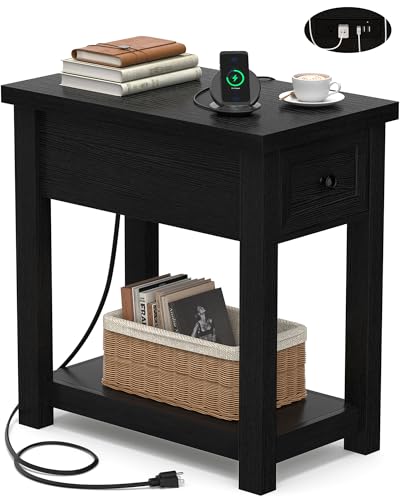 Armocity Narrow End Table with Charging Station - Farmhouse Side Table with Drawer, 14" Wide Wood Nightstand Slim Couch Bedside Table for Living Room Bedroom Small Spaces, Black - color: Black, size: 1 Pack