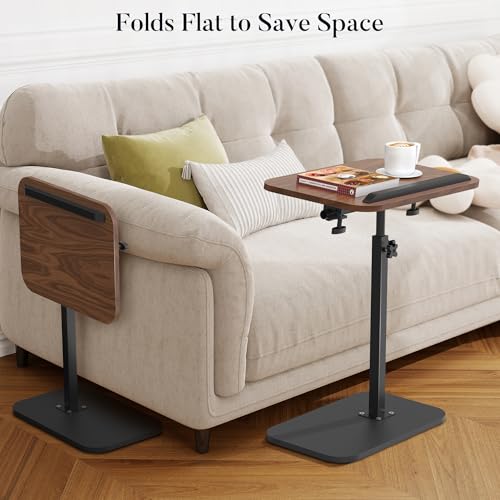 Side Table for Couch, Adjustable Height C Shaped End Table, Narrow Sofa Side Table for Living Room & Bedside, Brown Wooden Top with Black Metal Base