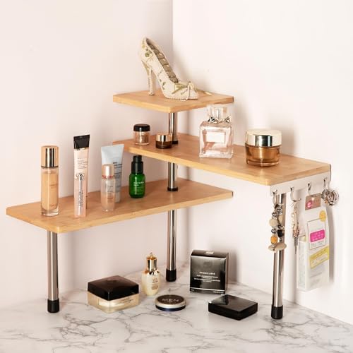 3-Tier Corner Shelf, Bamboo & Metal Storage Rack with Hooks, Adjustable Countertop Organizer for Kitchen, Bathroom, Bedroom or Office