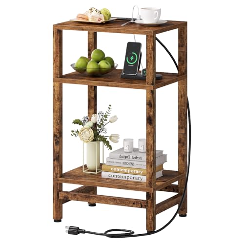 Creso hom 3-Tier Tall Nightstand with Charging Station, Skinny Side Table | Small Bedside Tables for Small Space, with Type C and USB Port, End Tables for Living Room, Bedroom, Office, Rustic Brown - color: Rustic Brown, size: 15.7"D x 11.8"W x 28.1"H