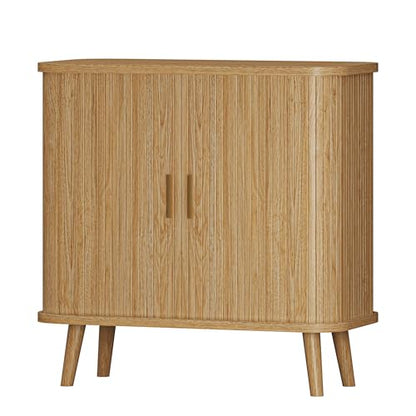Xixini Sideboard Buffet Cabinet with Sliding Door, 31.5" Wide Fluted Modern Accent Cabinet with Adjustable Shelves, Wood Coffee Bar Buffet Console Table for Kitchen, Dining Room, Living Room, Oak - color: Oak