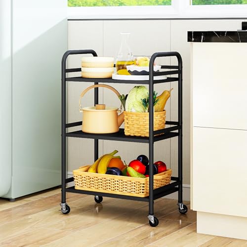 DCLRN 3 Tier Rolling Cart,Storage Organizer Cart,Multifunctional Storage Shelves,Rolling Metal Organization Cart with Handle and Lockable Wheels,for Home,Office,Kitchen,Bathroom(Black) - size: Small